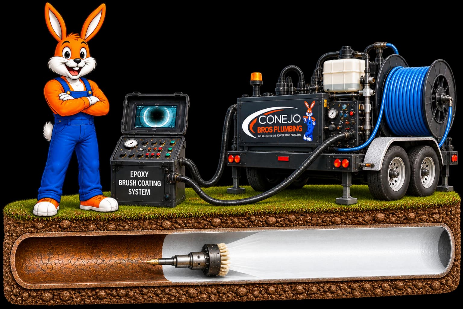 Conejo Bros epoxy brush coating system, mascot, and coated underground pipe
