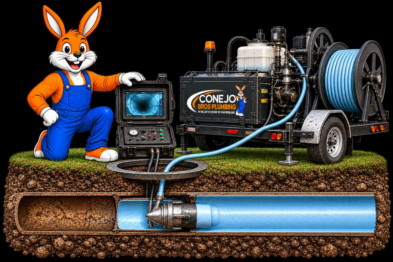 Conejo Bros epoxy rehabilitation equipment and mascot restoring an underground pipe