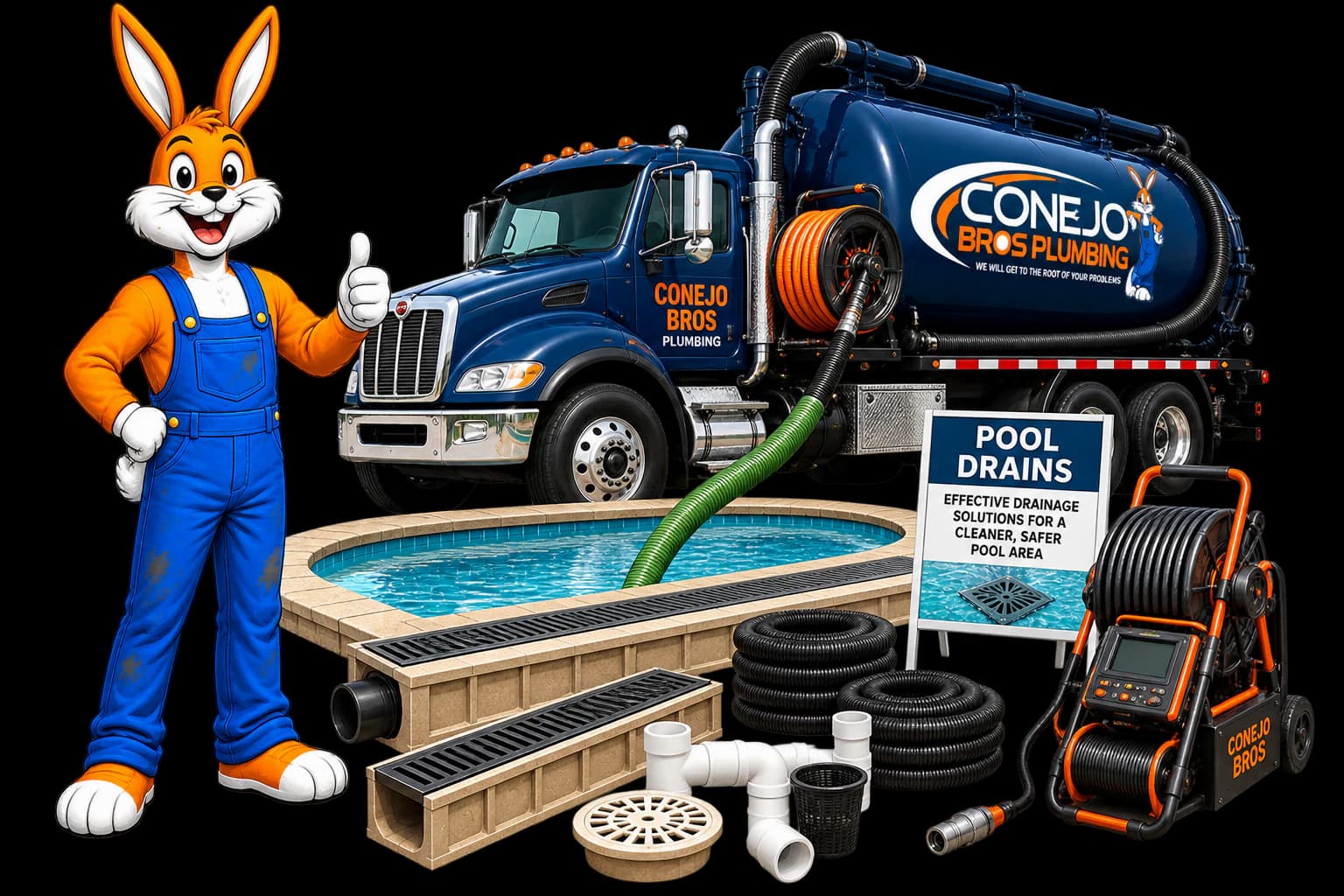 Conejo Bros pool drain truck, mascot, channel drains, pipes, and inspection equipment