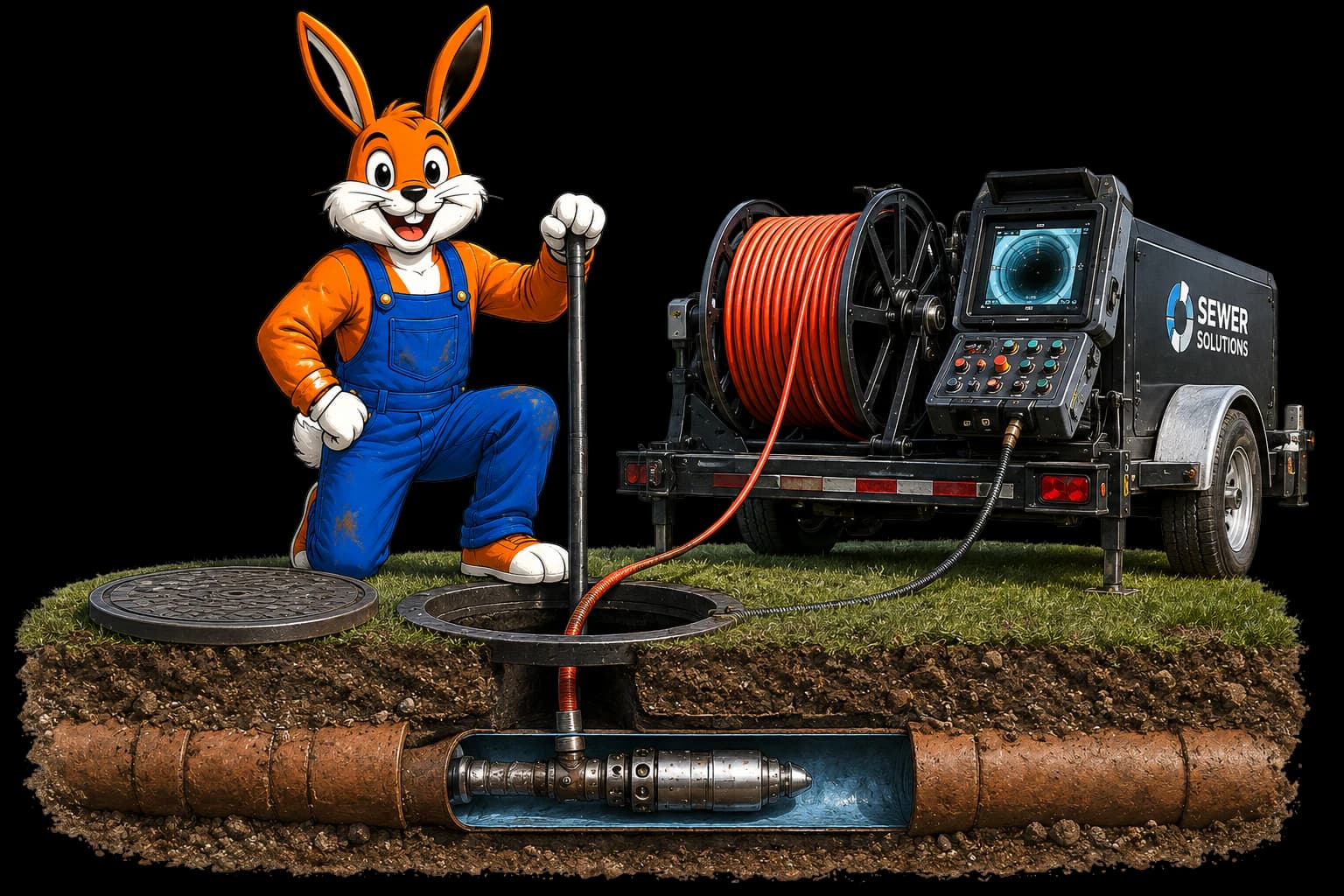 Conejo Bros trenchless sewer repair equipment and mascot above an underground pipe