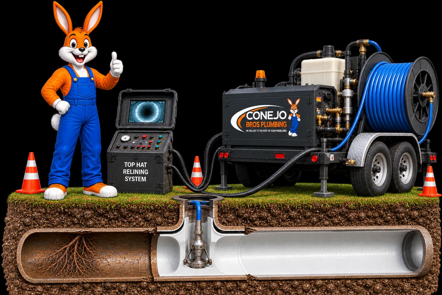 Conejo Bros top hat relining system, mascot, and a repaired underground sewer joint