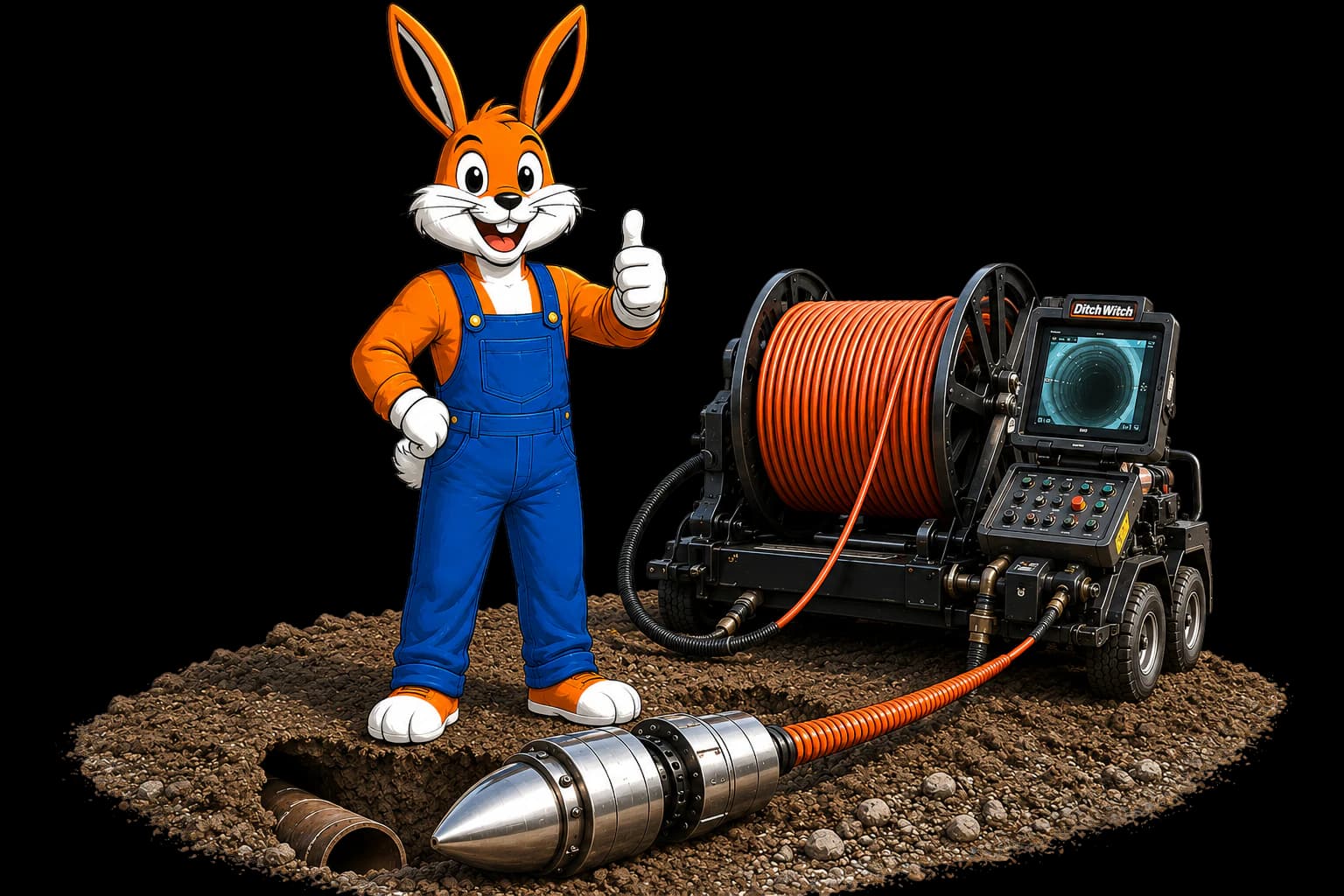 Conejo Bros mascot with trenchless sewer repair equipment and pipe repair head