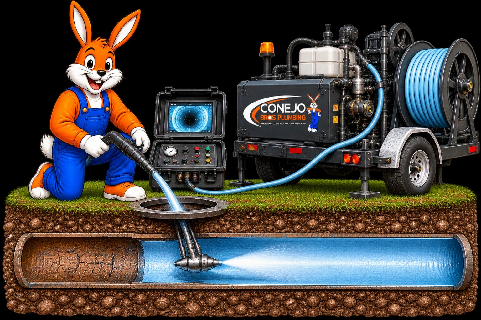 Conejo Bros trenchless spray lining equipment and mascot restoring an underground pipe