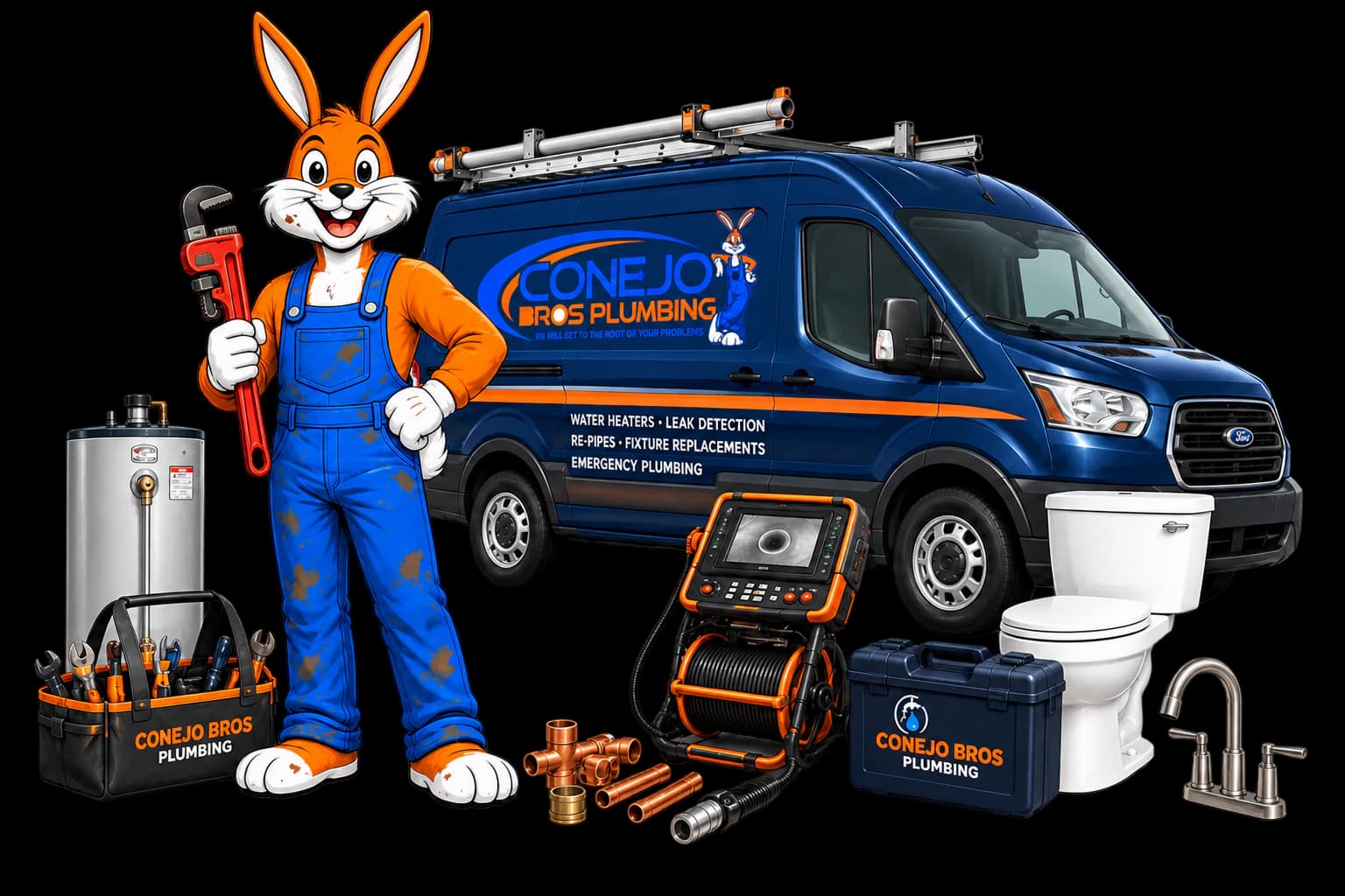 Conejo Bros plumbing van and mascot with water heater, toilet, and tools