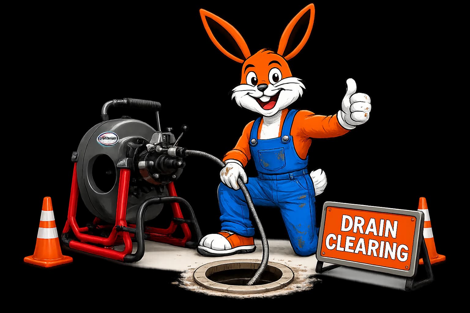 Conejo Bros drain clearing machine, mascot, safety cone, and open drain