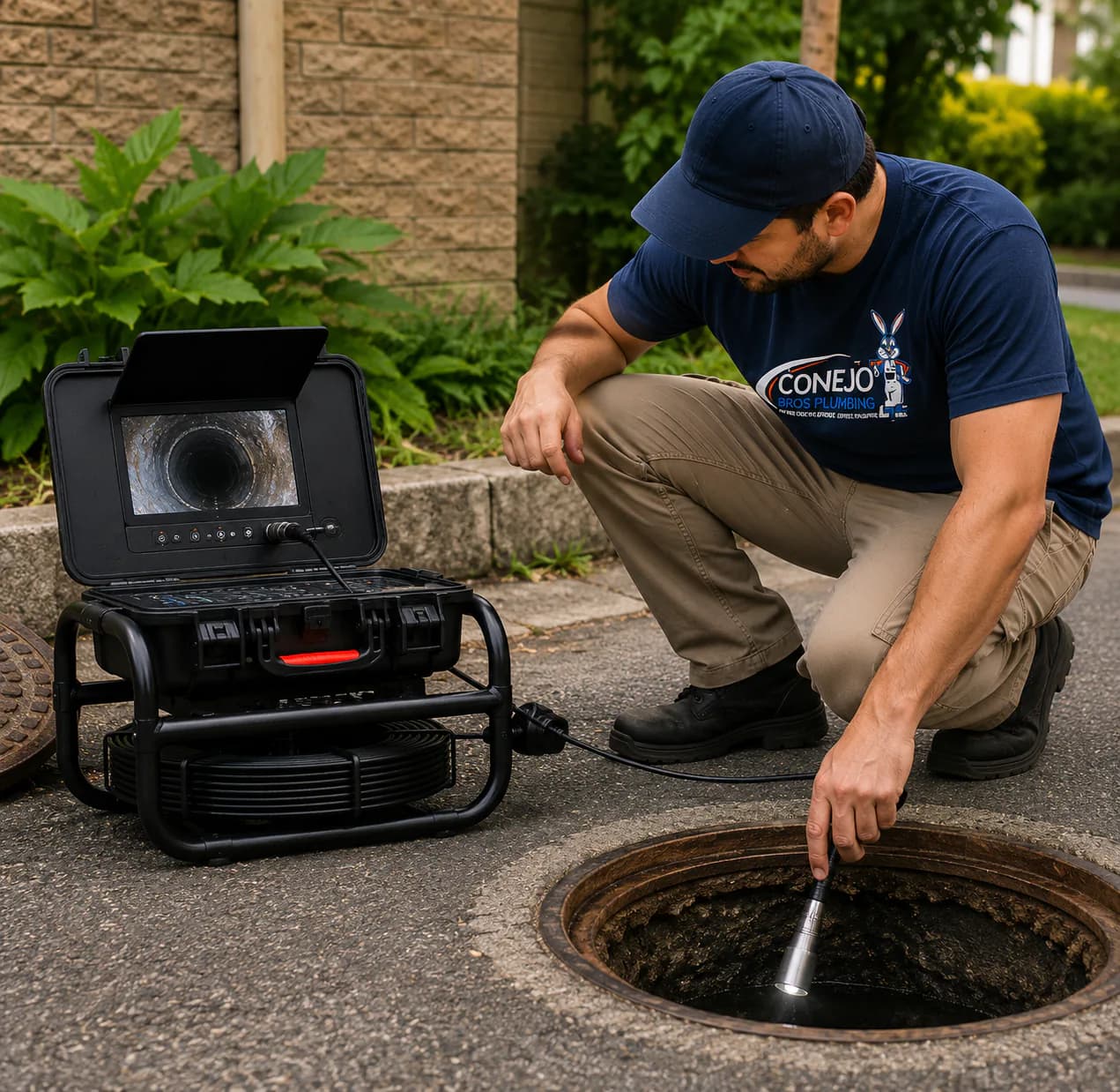 Conejo Bros technician performing a sewer camera inspection