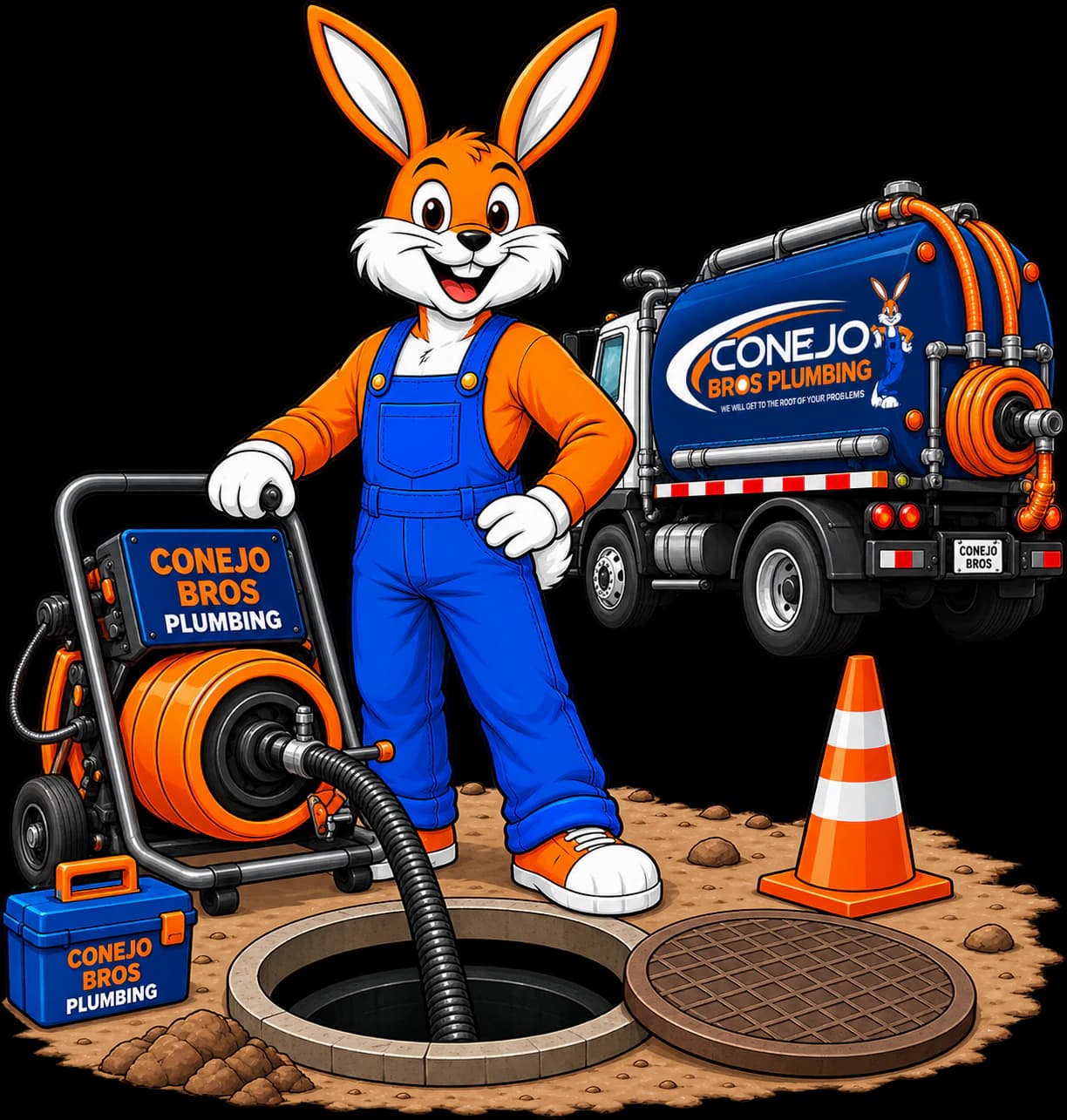 Conejo Bros drain descaling truck, equipment, mascot, and open drain