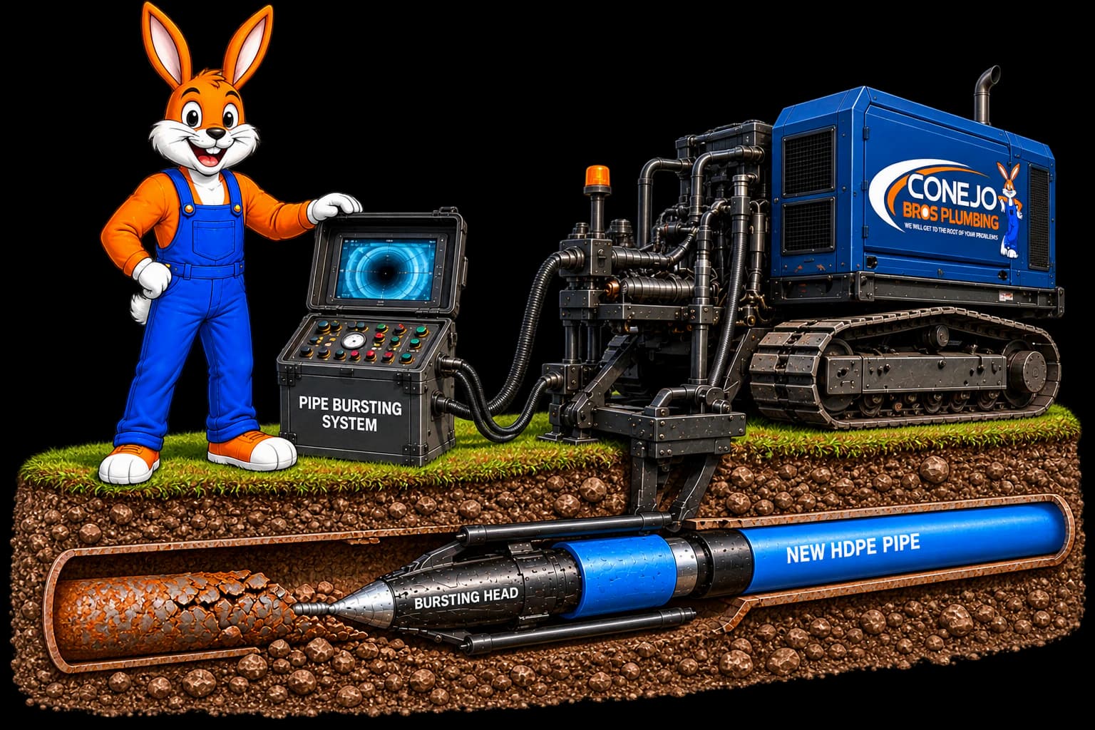 Conejo Bros polyethylene pipe bursting system and mascot replacing an underground pipe