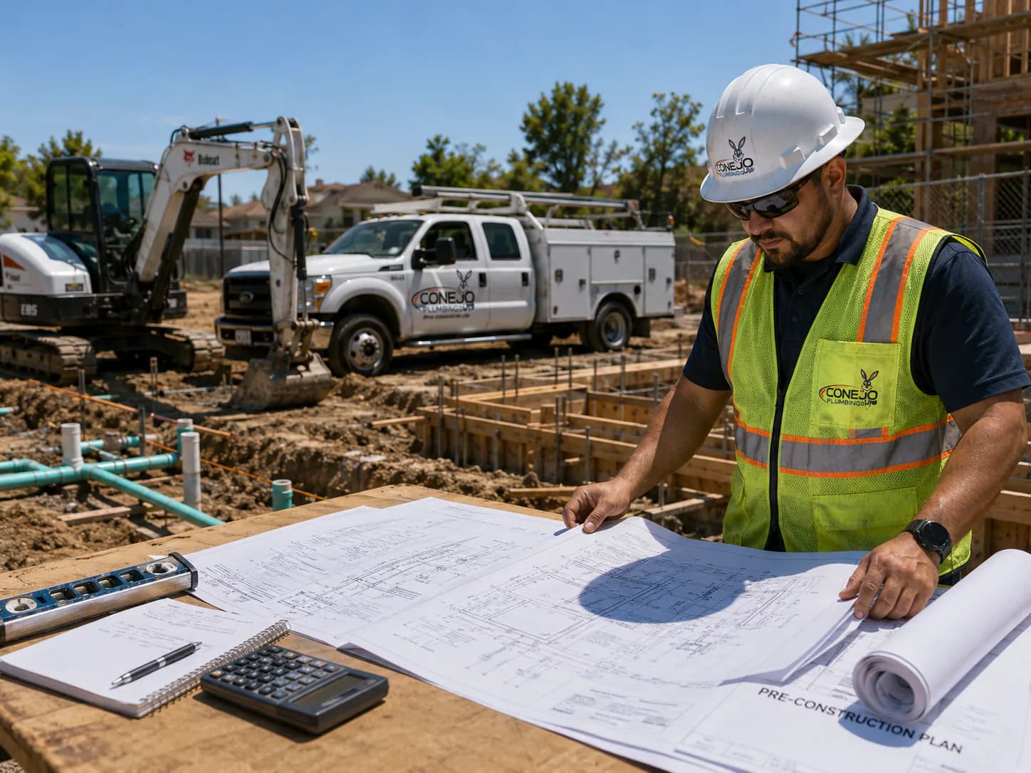 Conejo Bros estimator reviewing construction plans on site