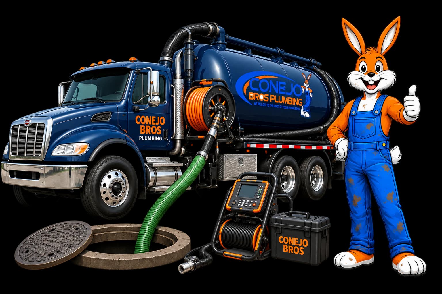 Conejo Bros septic pumping truck and mascot with vacuum hose