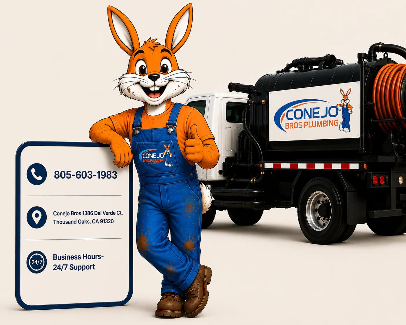 Conejo Bros mascot, service truck, and contact information