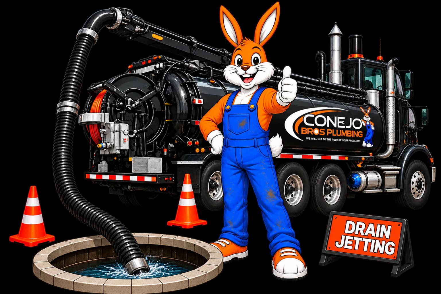 Conejo Bros drain jetting truck, hydro jetting hose, mascot, and open drain