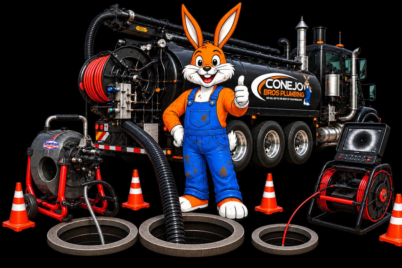 Conejo Bros blocked drain cleaning truck, mascot, drain machines, and open drains