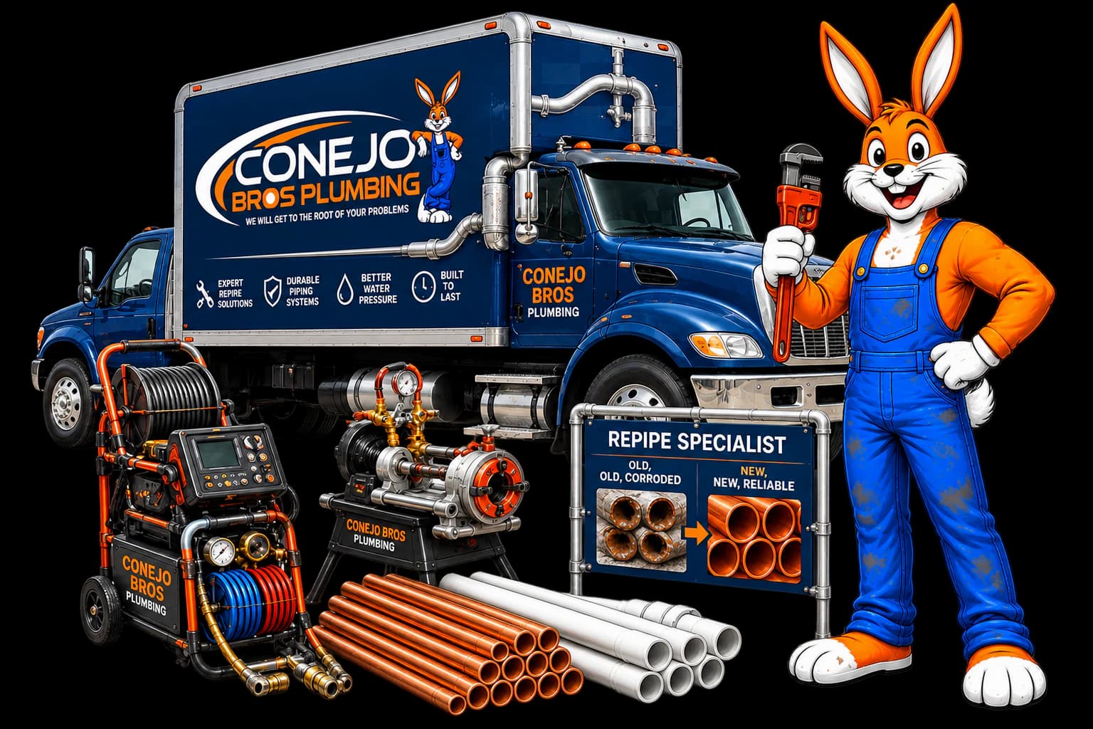 Conejo Bros repipe specialist truck, mascot, copper and PEX pipes, and repiping equipment