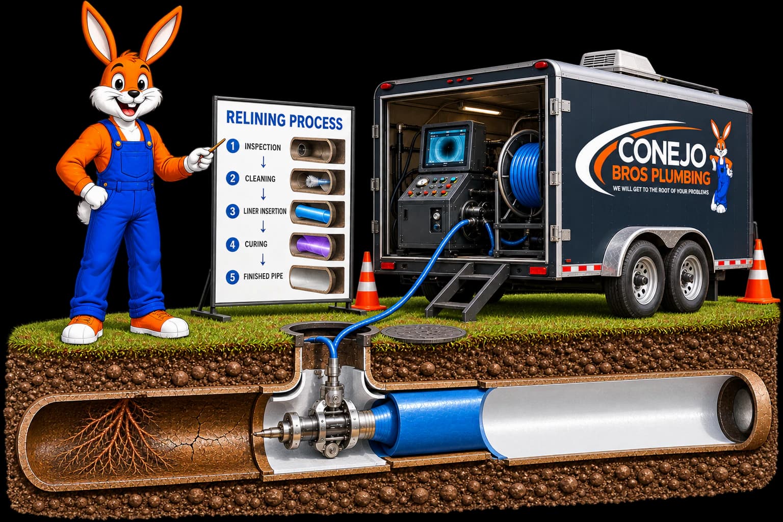 Conejo Bros relining equipment, mascot, and a trenchless pipe liner being installed underground
