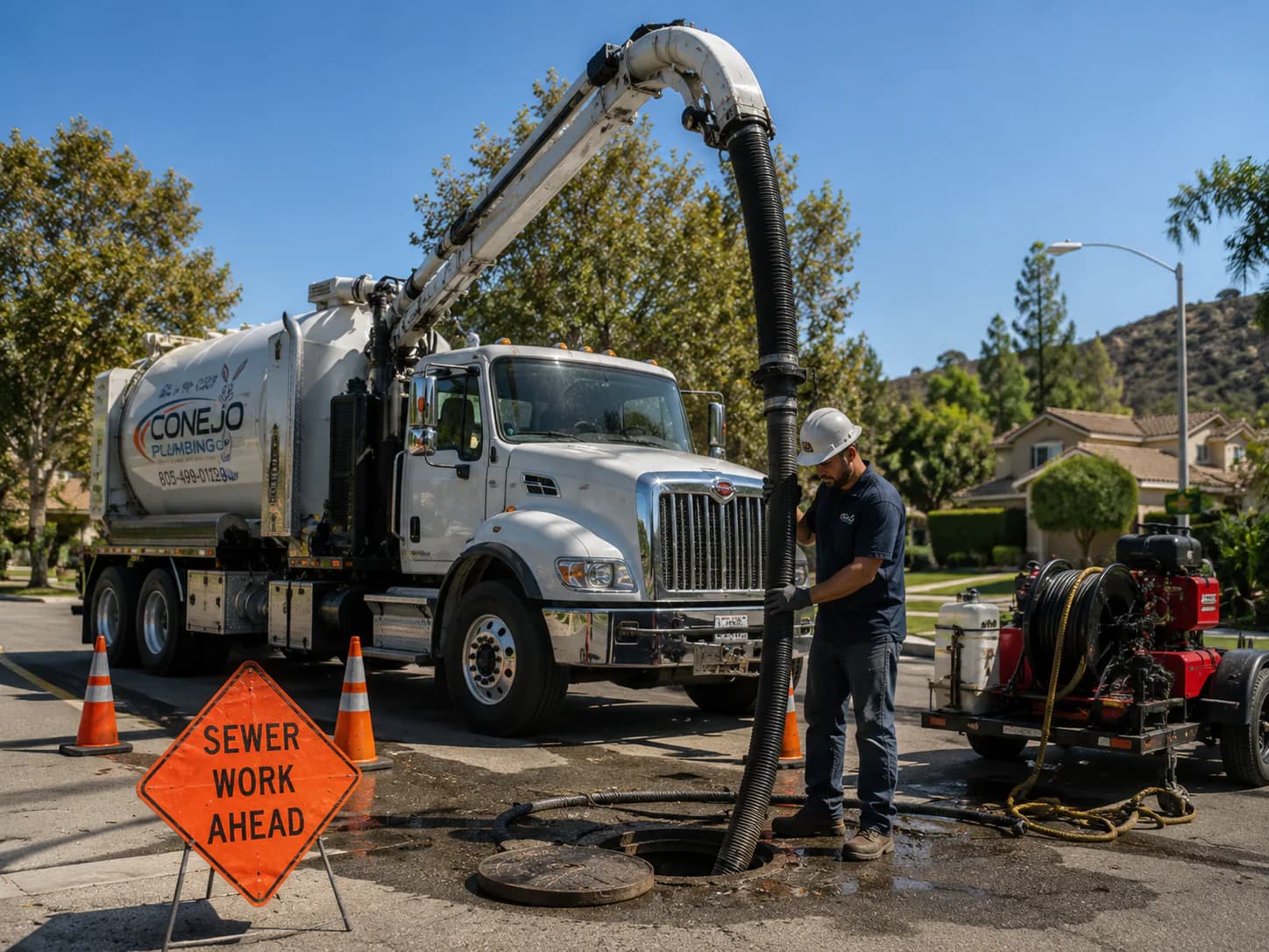 Conejo Bros crew servicing a municipal sewer line with traffic control signage