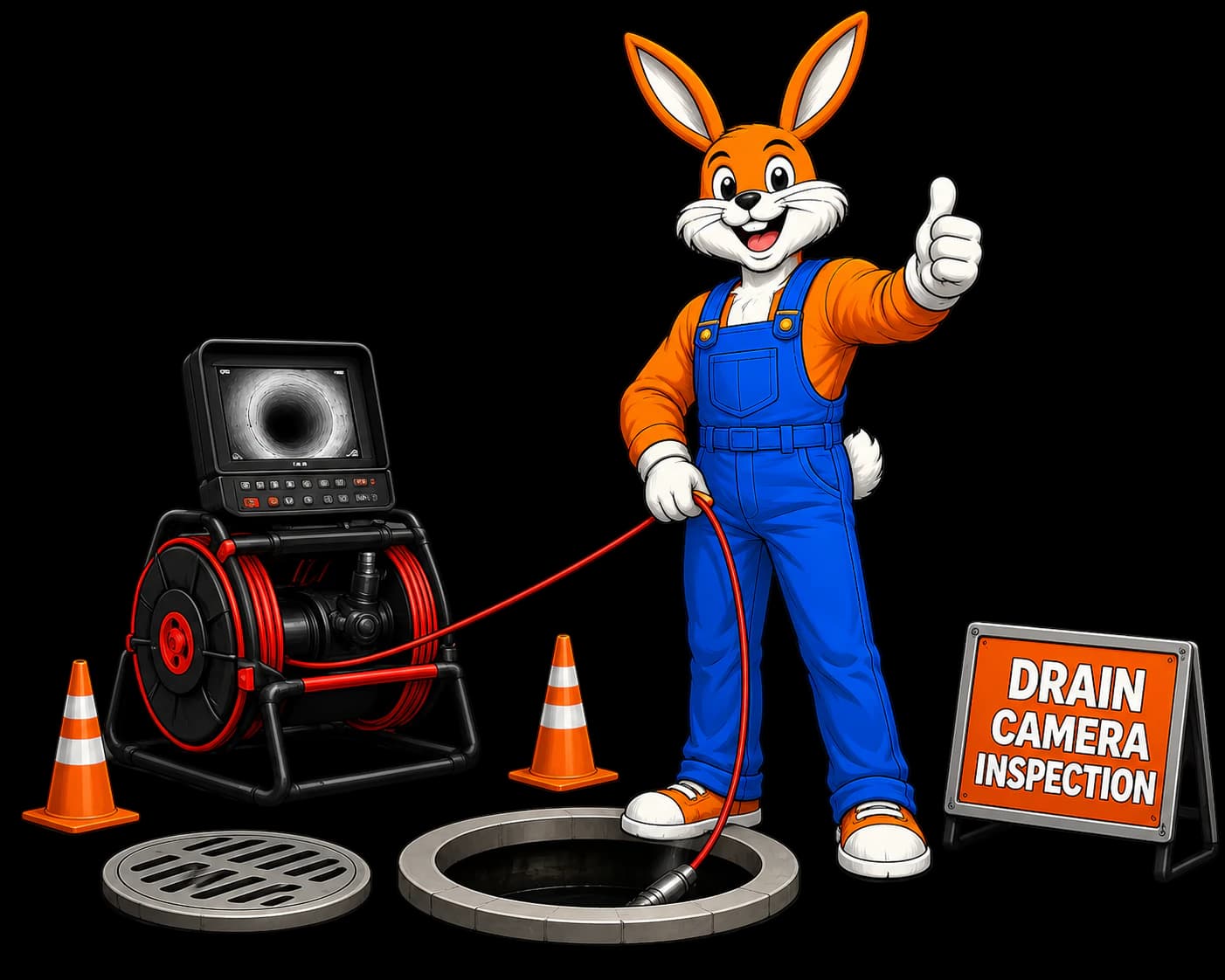 Conejo Bros drain inspection camera, mascot, cones, and open drain