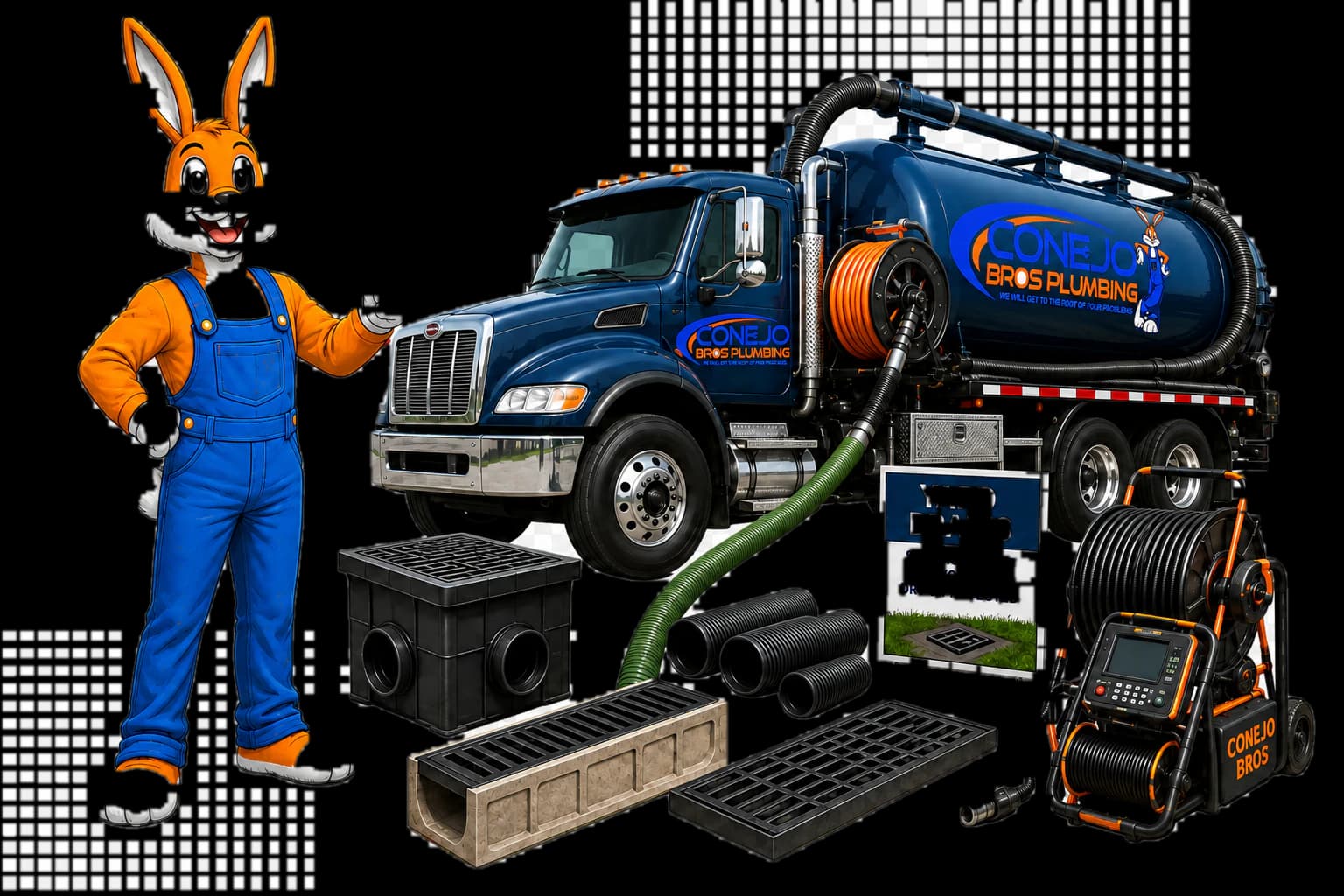 Conejo Bros yard drain truck, mascot, drainage equipment, and drain components