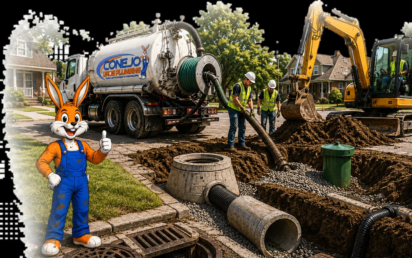 Conejo Bros crew and excavator servicing underground utilities on a public works project
