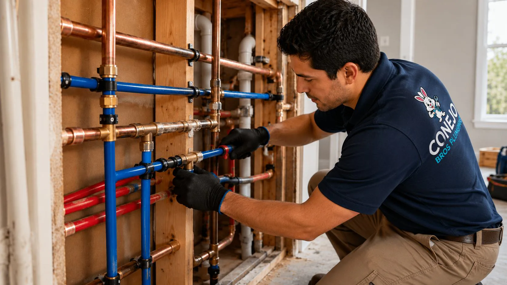 Conejo Bros technician installing new water supply pipes
