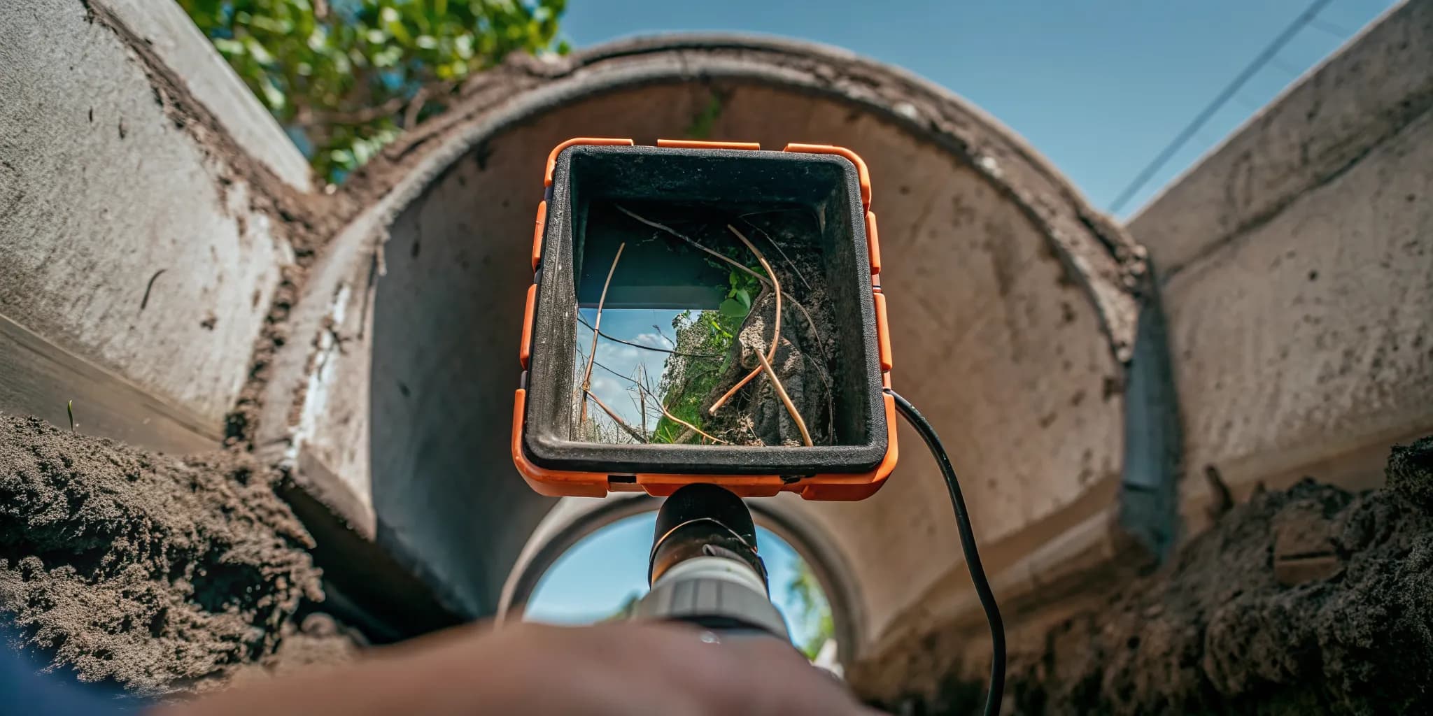 Plumbing camera monitor showing root intrusion inside a sewer pipe