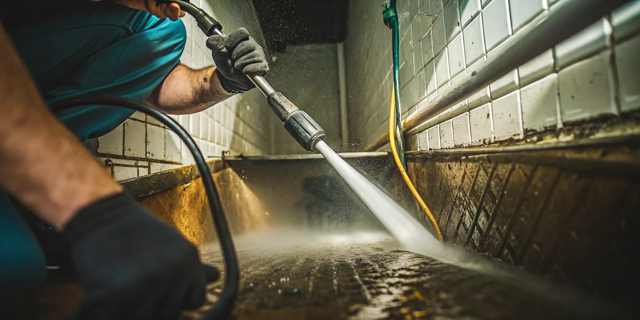 Plumber using hydro jetting machine with high pressure water stream to clean a sewer pipe