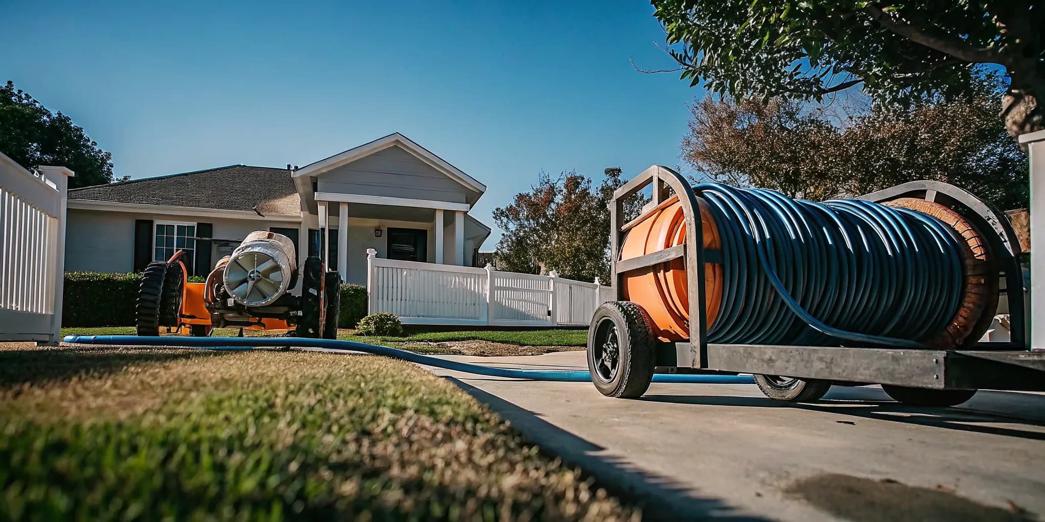 Technician using professional rooter equipment during a drain clearing process