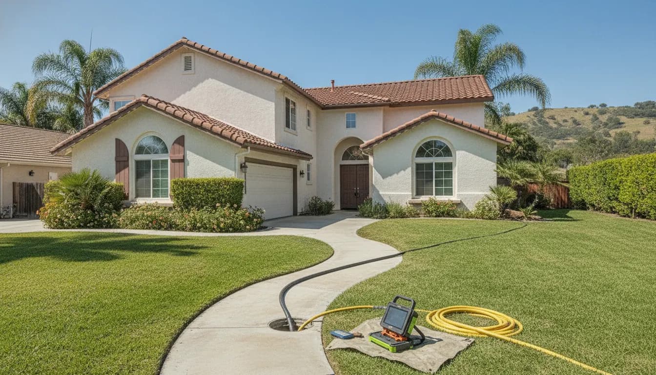 California home in Thousand Oaks with a plumbing camera inspection setup on the walkway