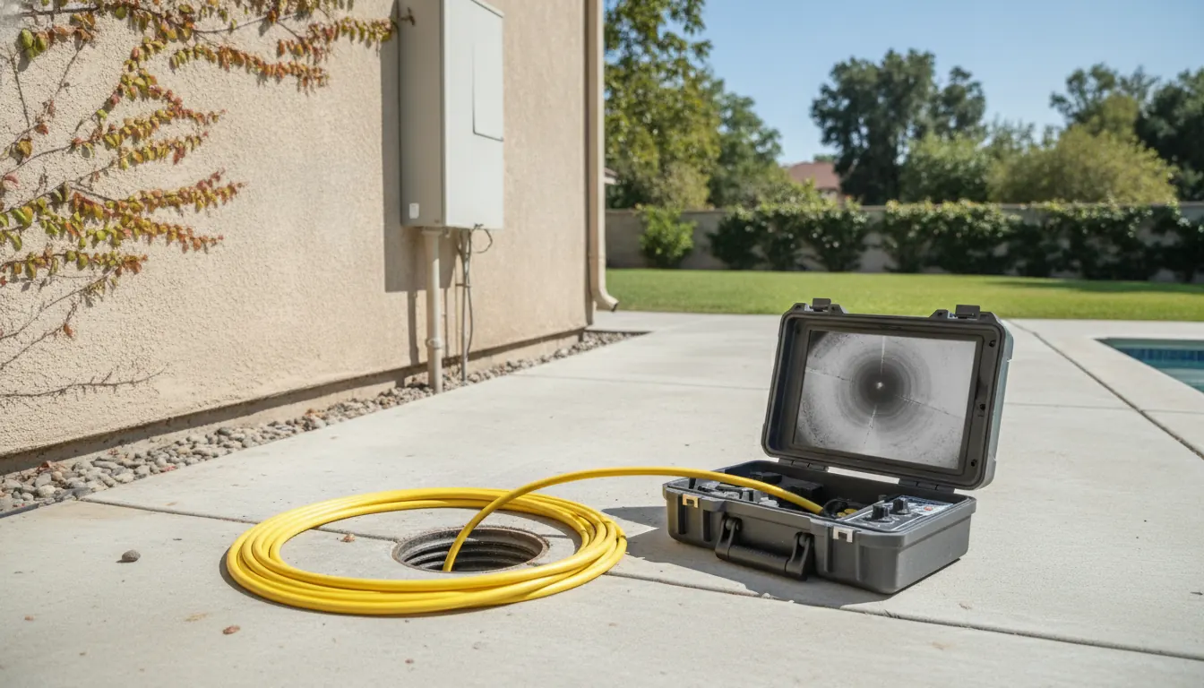 Professional drain camera inspection equipment beside a residential plumbing access point