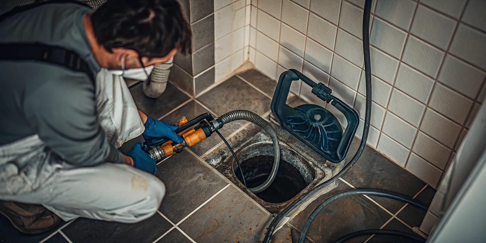 Professional plumber operating a high-pressure hydro jetting machine to clear a blocked drain line