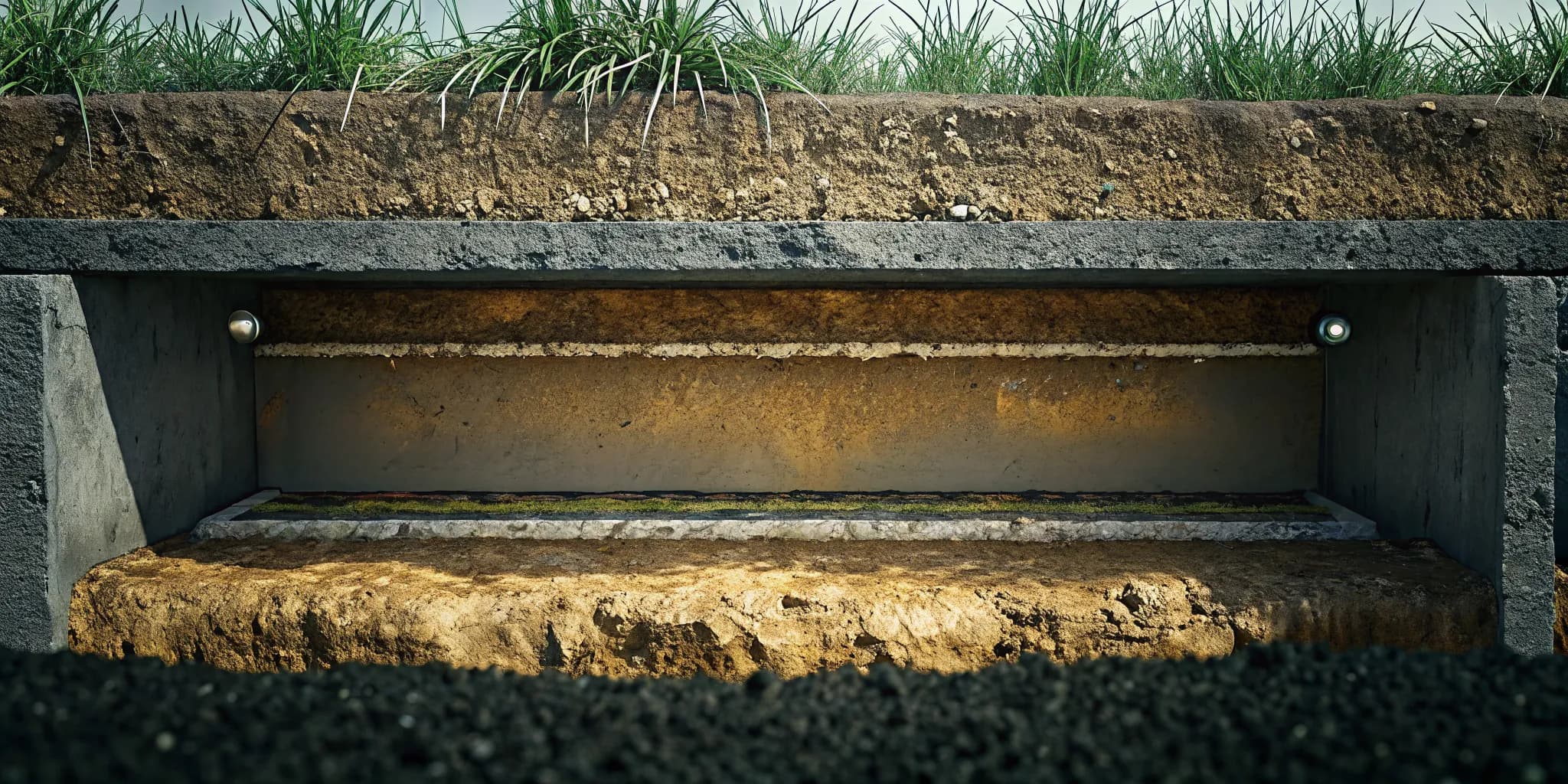 Cutaway view of a buried septic tank showing the sludge, effluent, and scum layers