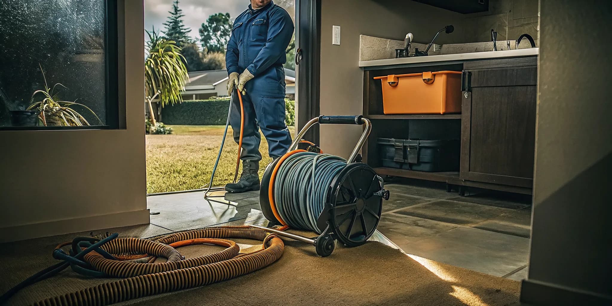 Plumber comparing hydro jetting and drain snaking equipment in Thousand Oaks