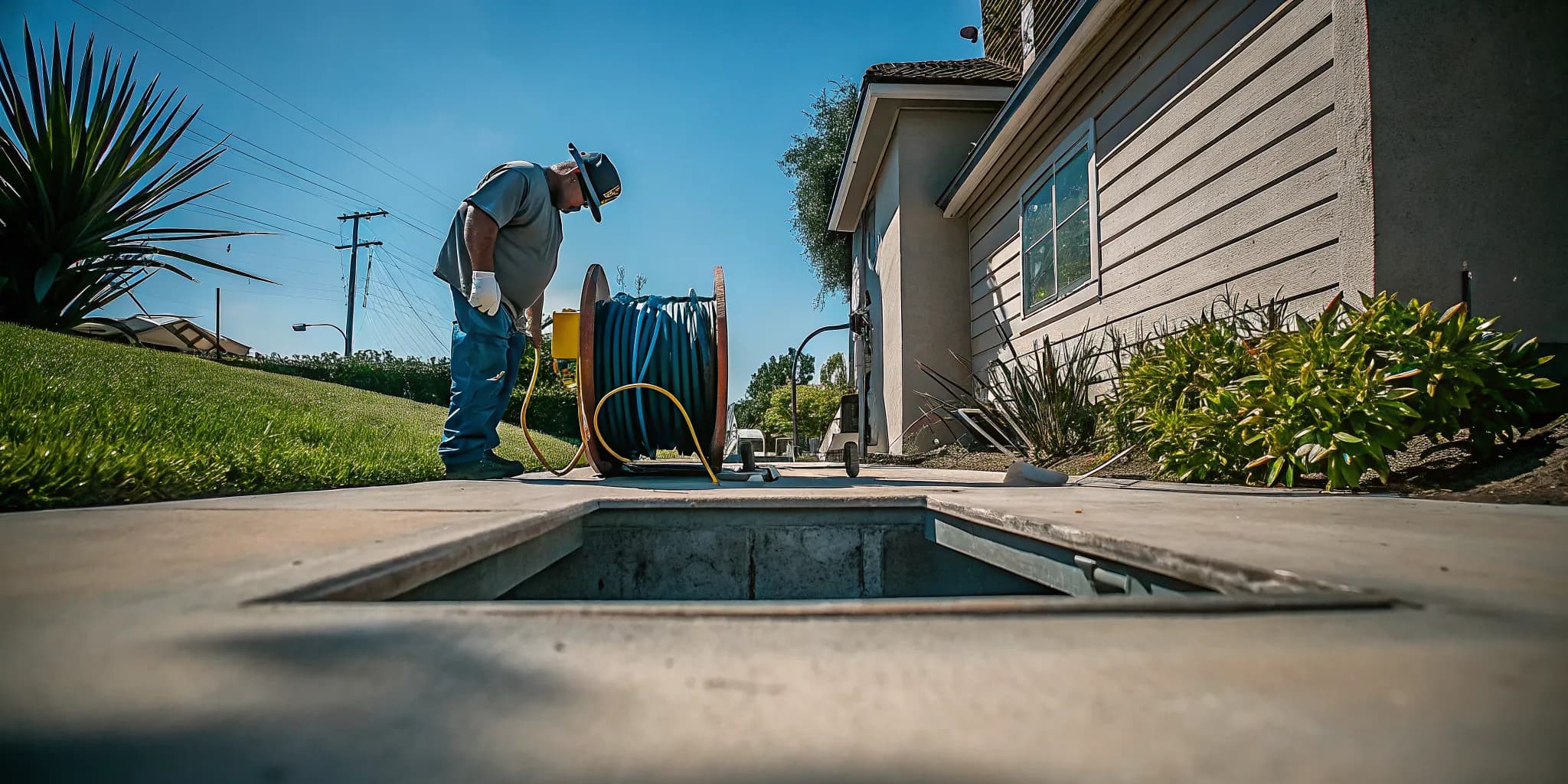 Plumber preparing hydro jetting equipment for a Thousand Oaks drain
