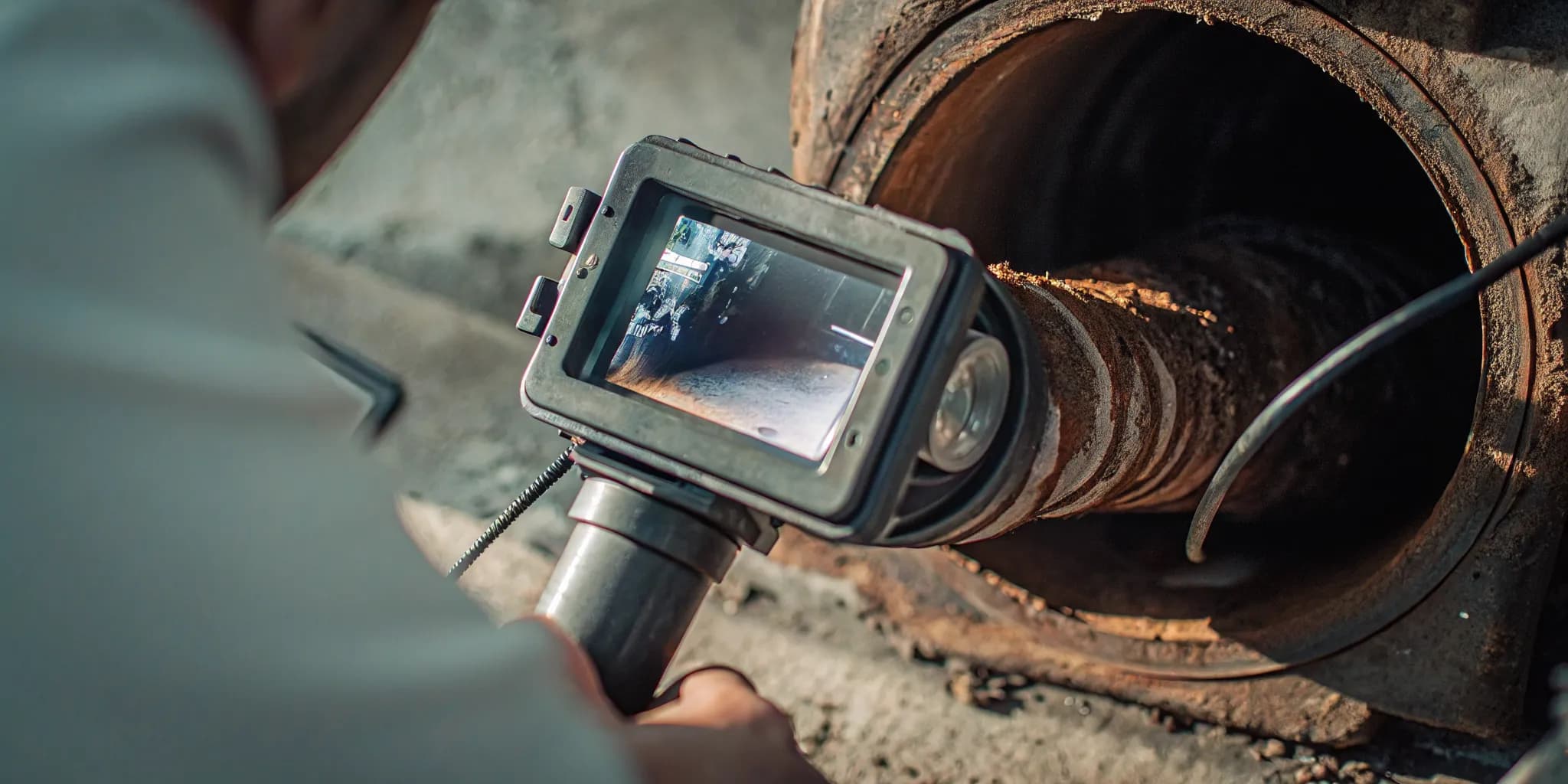 Plumber performing a camera inspection before pipe descaling