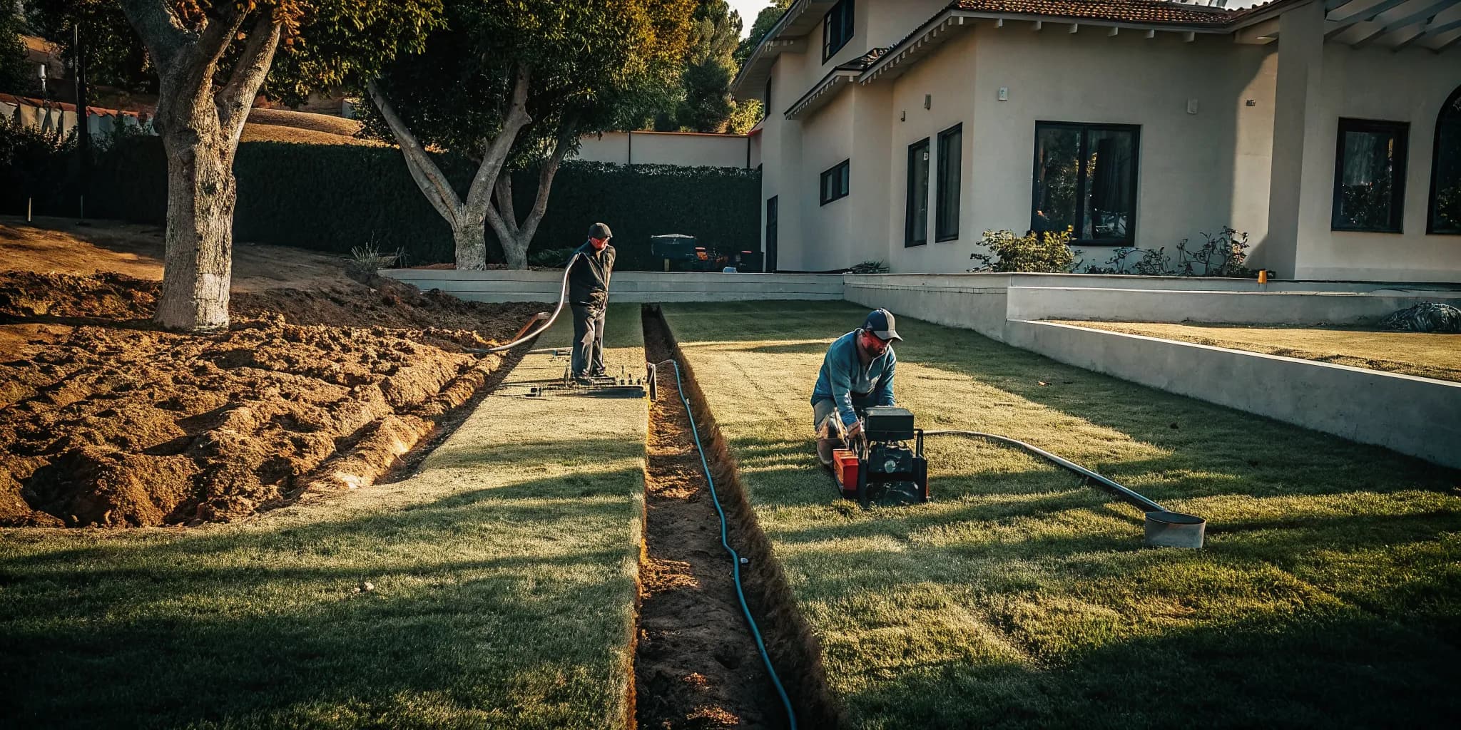 Professional evaluating a residential septic drain field in Thousand Oaks