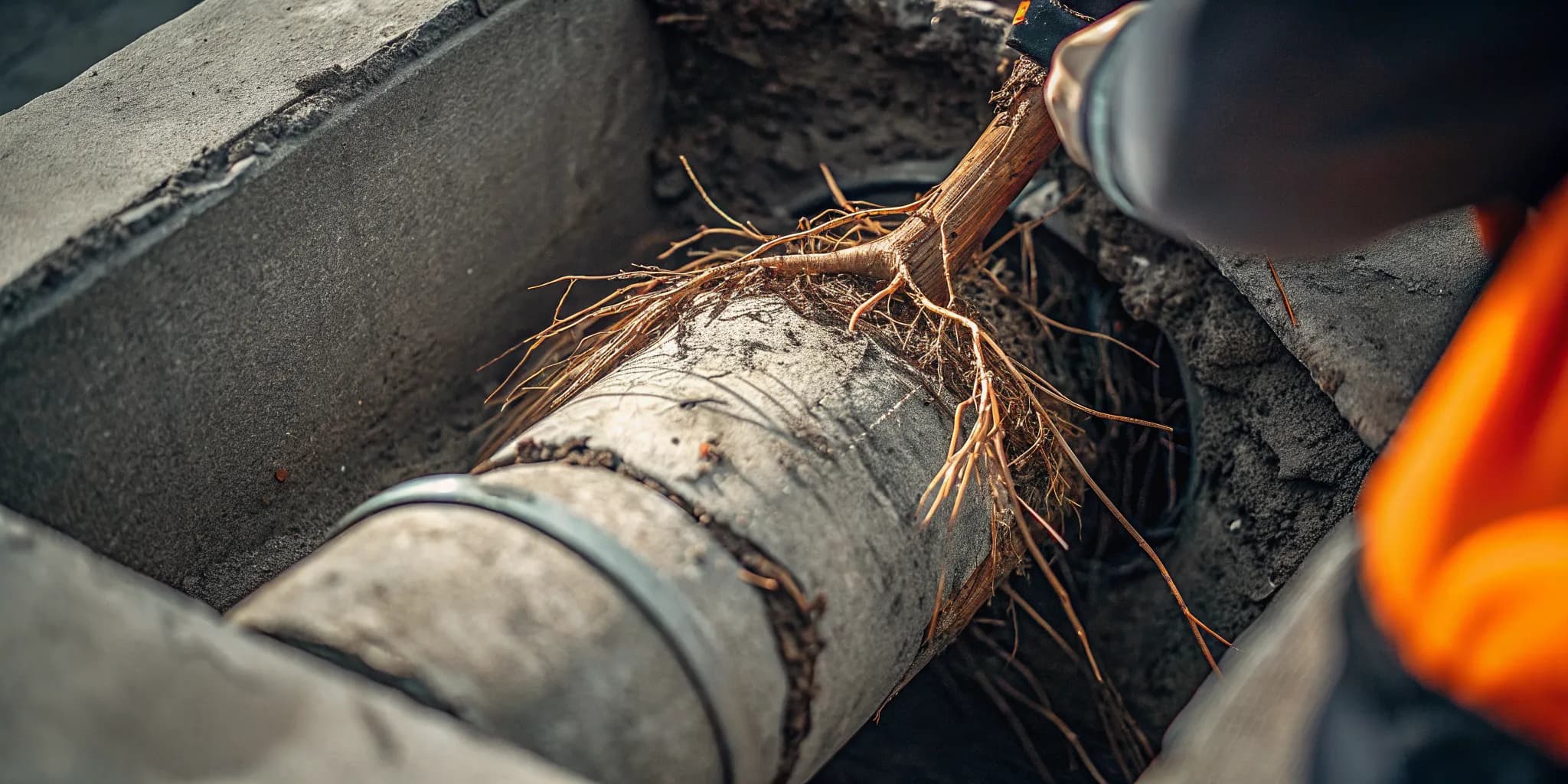Tree roots growing inside a cracked clay sewer pipe during a camera inspection in Ventura