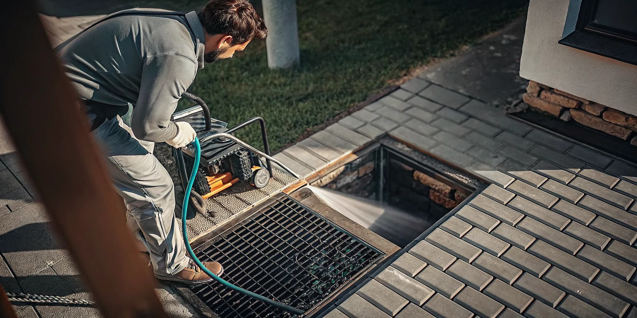 Plumber using a high pressure hydro jetting machine on a backyard cleanout