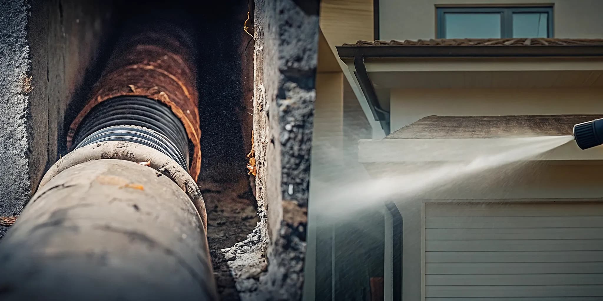 Hydro jetting nozzle cleaning buildup from inside a residential sewer pipe