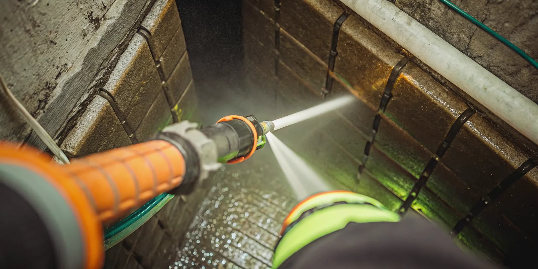 Professional hydro jetting nozzle clearing debris inside a sewer pipe