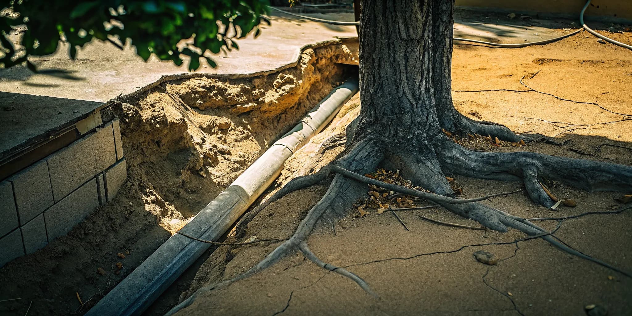 Buried sewer line affected by shifting clay soils and root intrusion