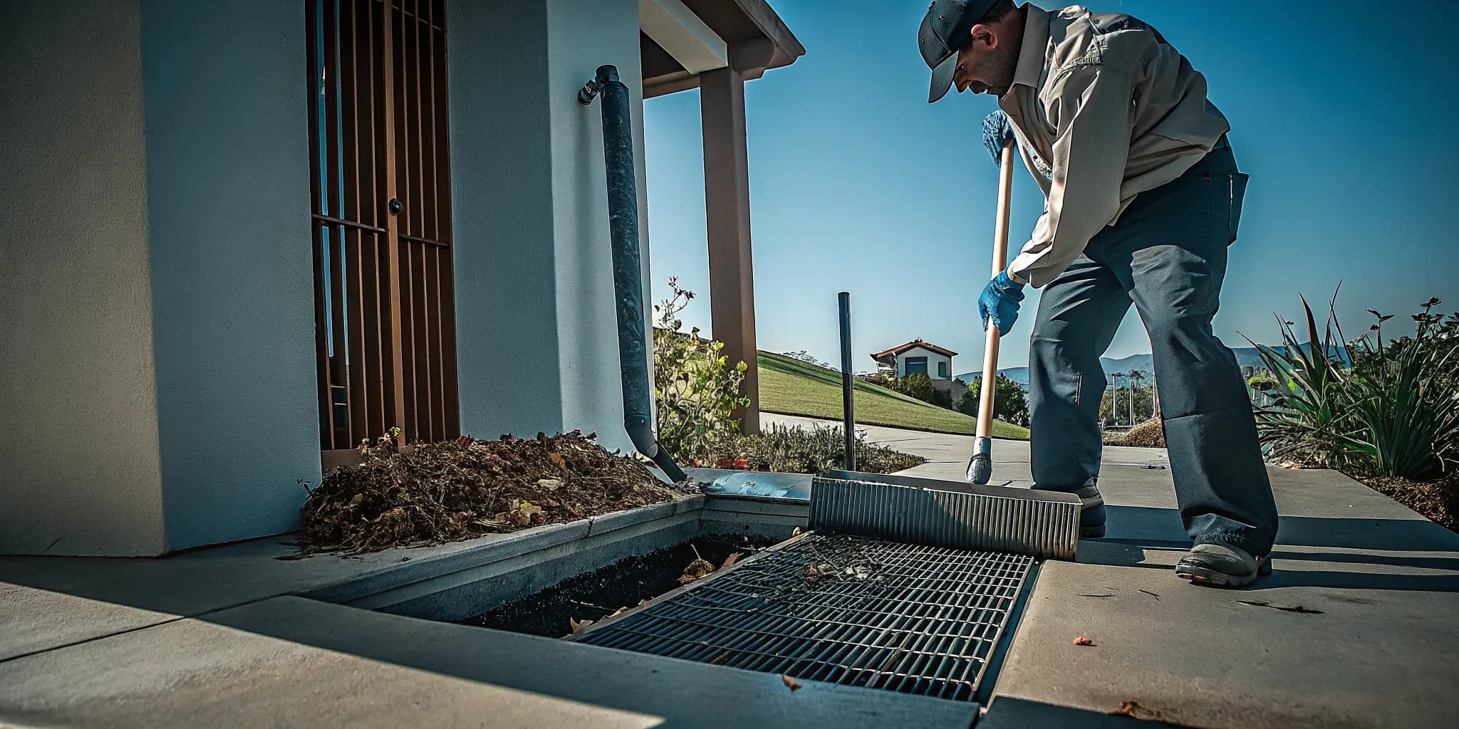 Professional clearing leaves and silt from an outdoor area drain