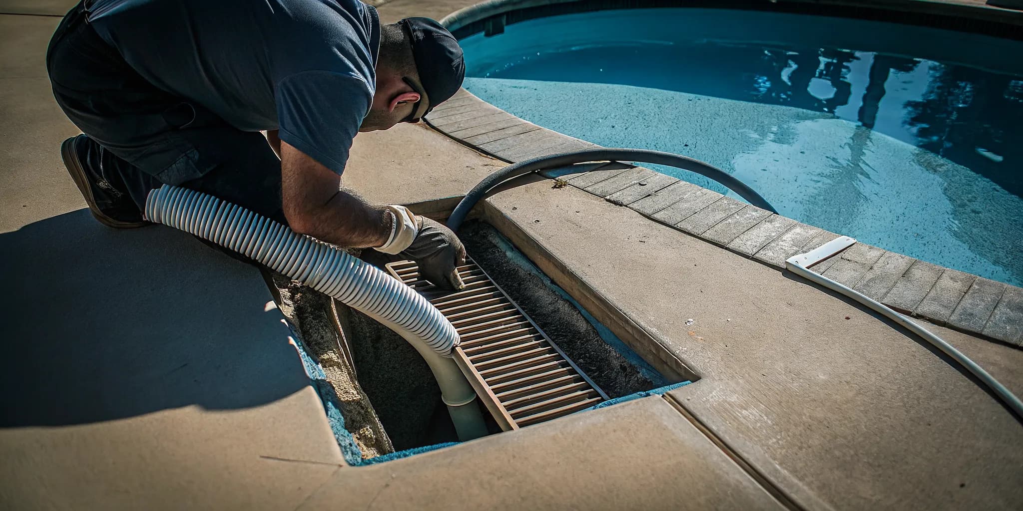 Plumber inspecting an outdoor pool deck area drain
