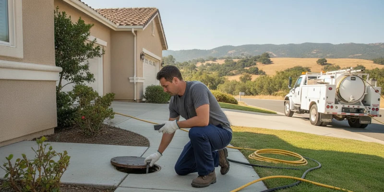 Drain cleaning services technician checking a residential drain cleanout in a Conejo Valley home