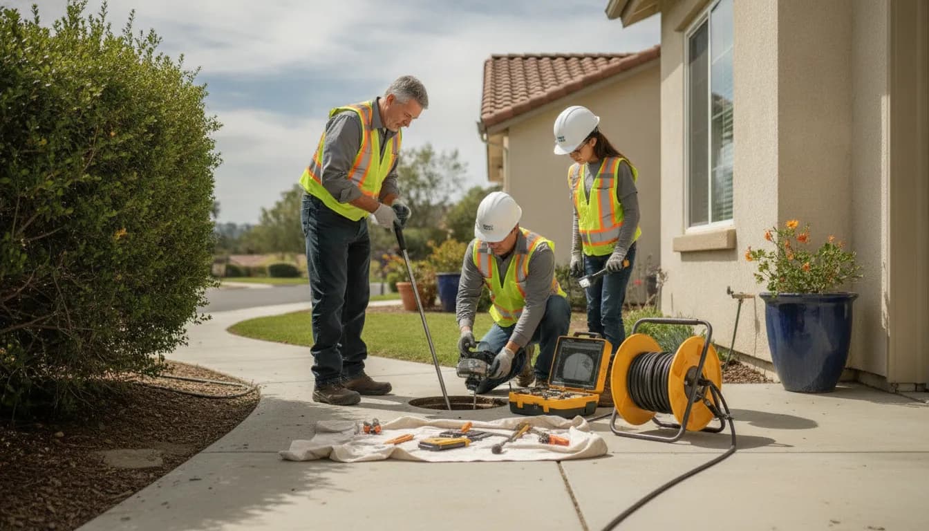 Plumber using a sewer inspection camera beside a Ventura County home