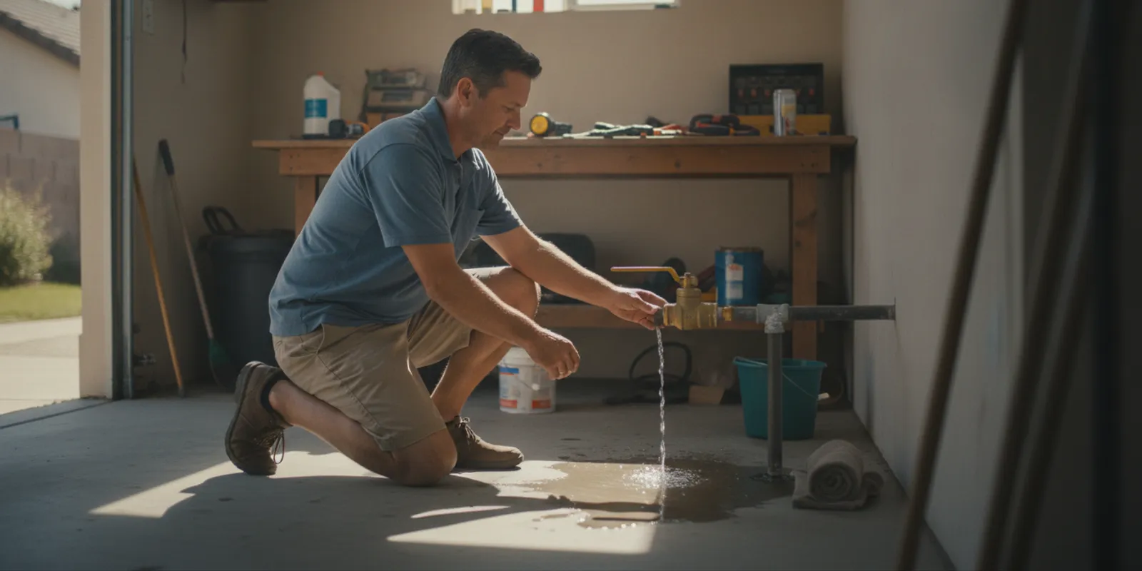 Homeowner locating a water shutoff valve during an emergency plumbing leak Thousand Oaks homeowners may face