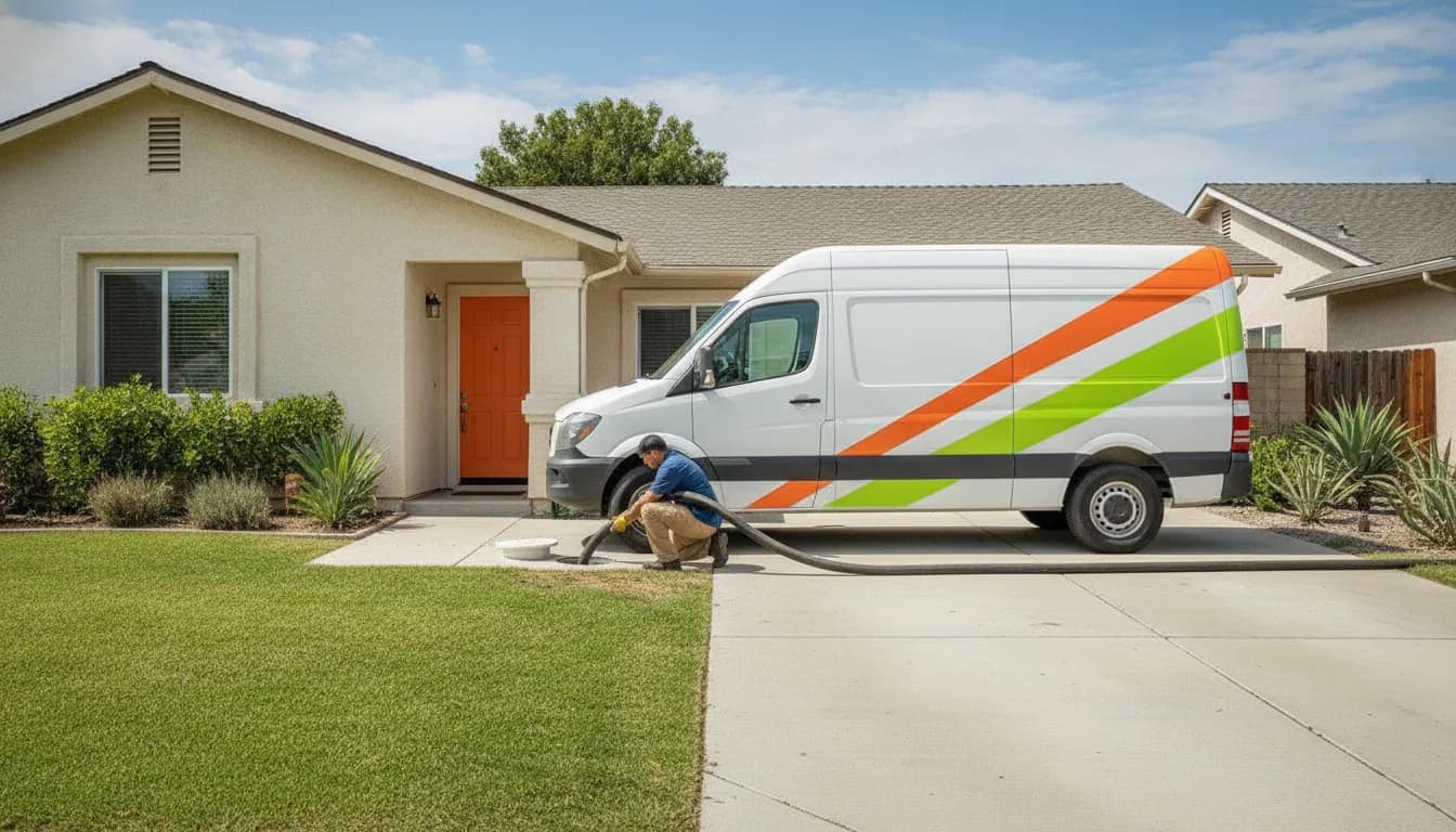 Hydro jet drain cleaning hose at a Simi Valley home cleanout with a service truck nearby