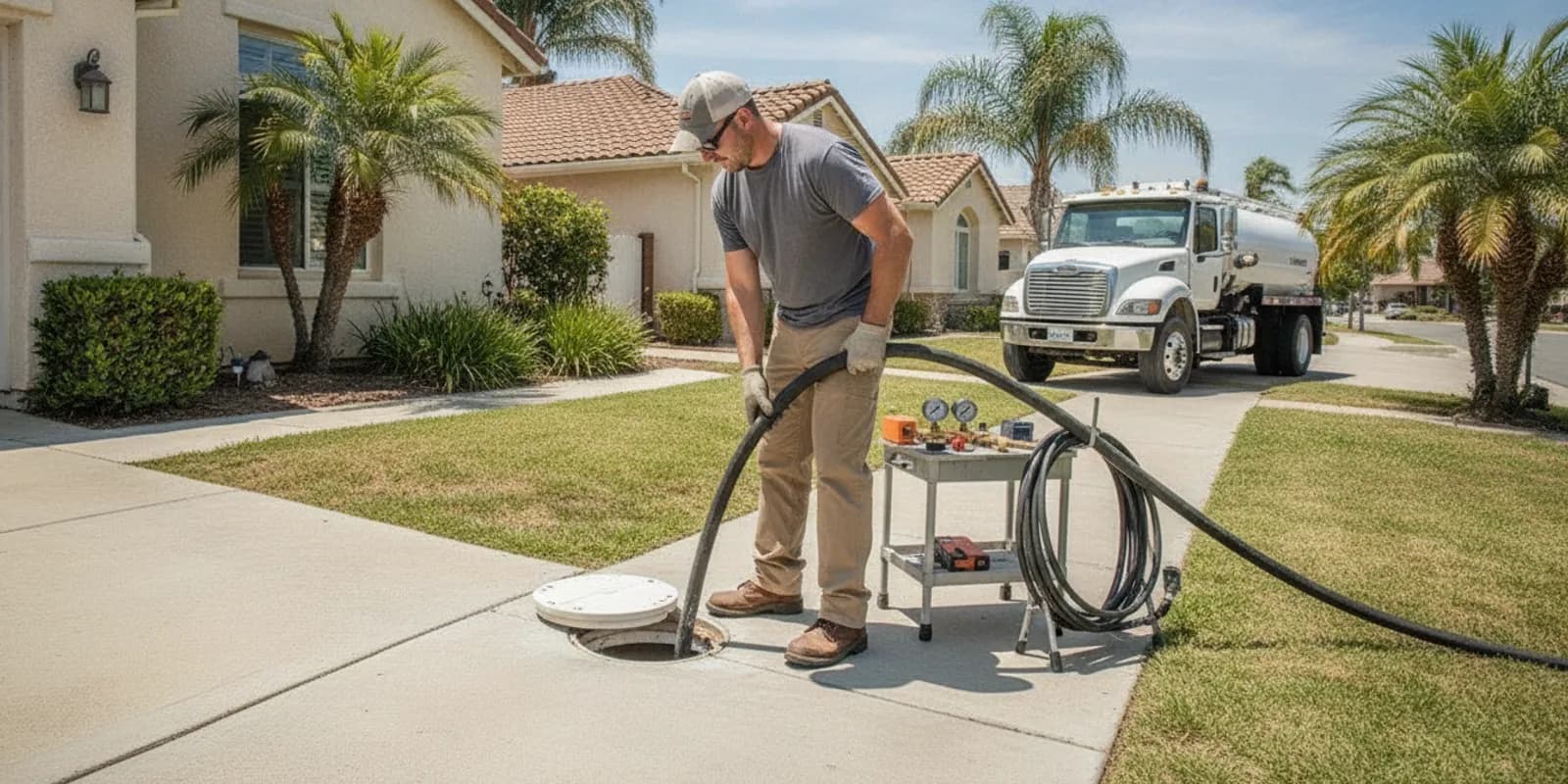 Hydro jetting service Ventura County price: a plumber preparing a hydro jetting hose at a home drain cleanout