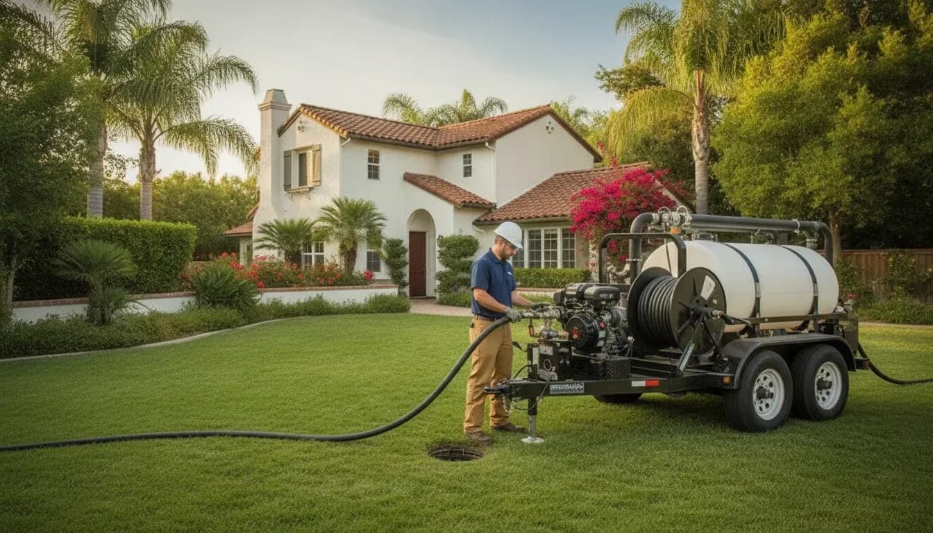 Technician hydro jetting a residential sewer line in Thousand Oaks