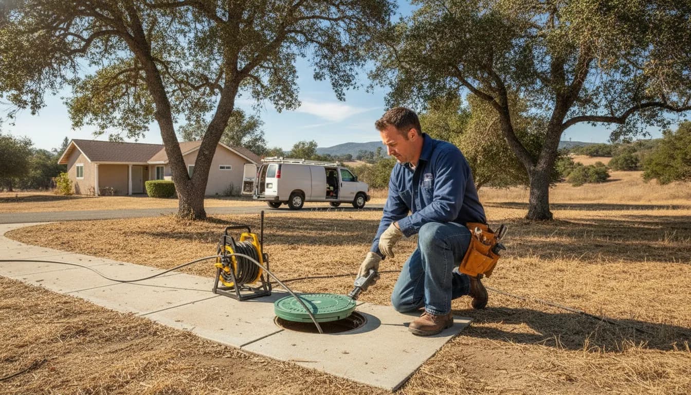Plumber inspecting an outdoor sewer cleanout beside a rural Fillmore home