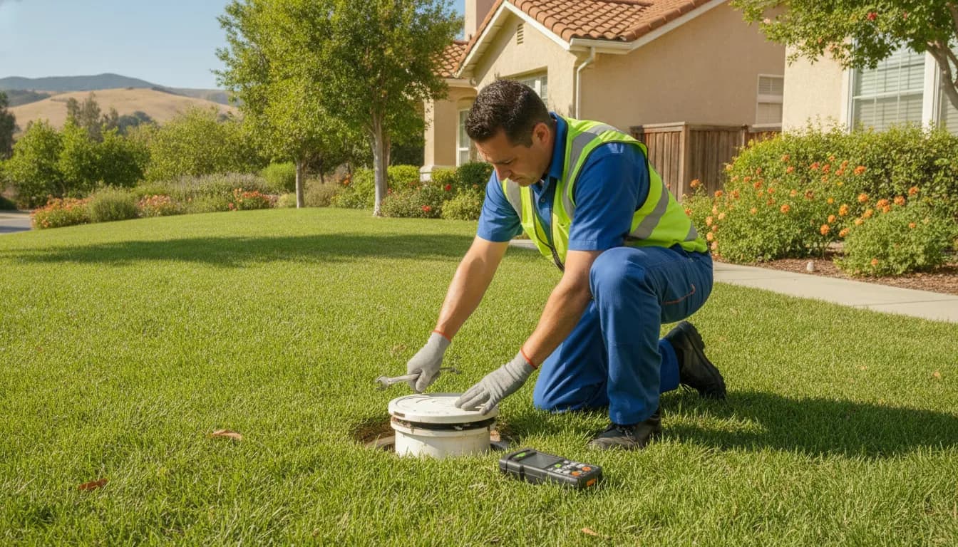 Plumber inspecting a residential sewer cleanout beside a California home